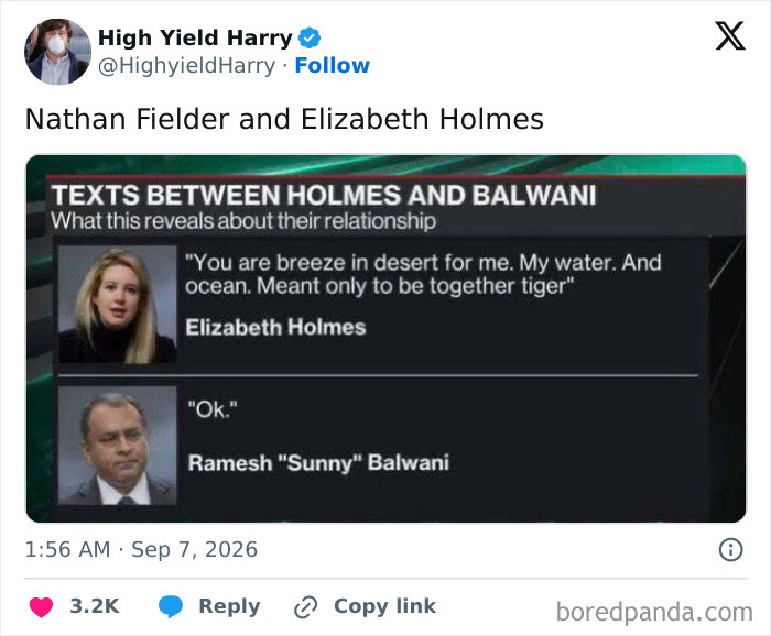 A tweet displaying a text message exchange between Elizabeth Holmes and Ramesh Balwani. This relates to Theranos fraud memes.