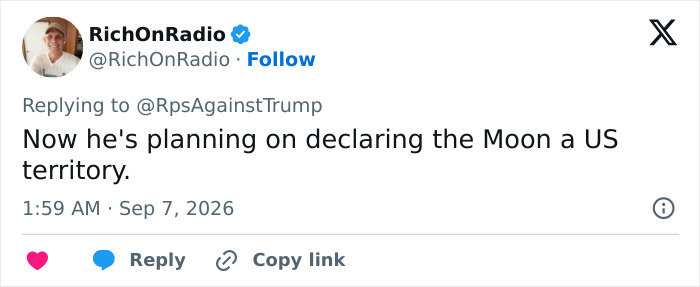 RichOnRadio tweet replies to RpsAgainstTrump about Trump setting sight on state for next name change. RichOnRadio tweet replies to RpsAgainstTrump about Trump setting sight on state for next name change.