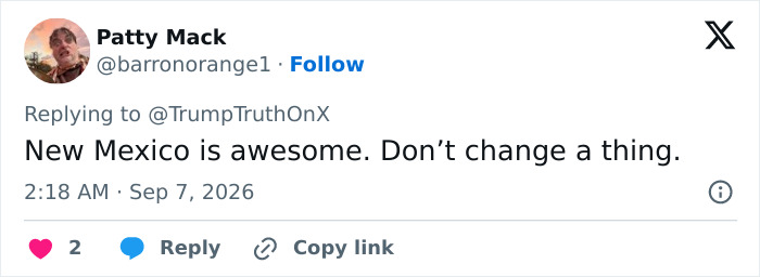 Patty Mack tweet replies to TrumpTruthOnX about Trump setting sight on state for next name change. Patty Mack tweet replies to TrumpTruthOnX about Trump setting sight on state for next name change.