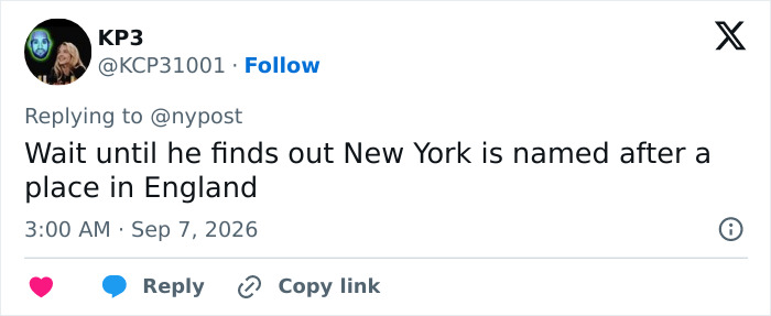 A tweet about New York's name origins, related to the Trump name change for New Mexico. A tweet about New York's name origins, related to the Trump name change for New Mexico.