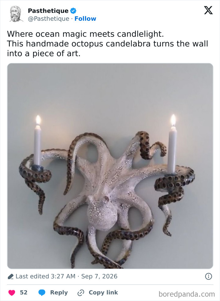 A handmade octopus candelabra on a wall, merging unique aesthetic art with home decor