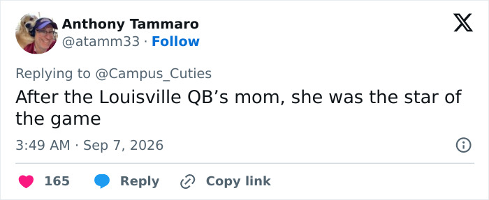 Screenshot of a tweet by Anthony Tammaro calling the attractive woman the star of the game after going viral.