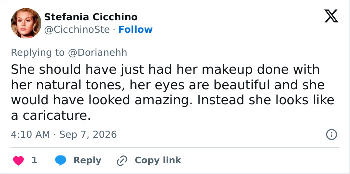 A tweet about a woman's wedding day transformation, suggesting natural tones for makeup to avoid caricature. A tweet about a woman's wedding day transformation, suggesting natural tones for makeup to avoid caricature.
