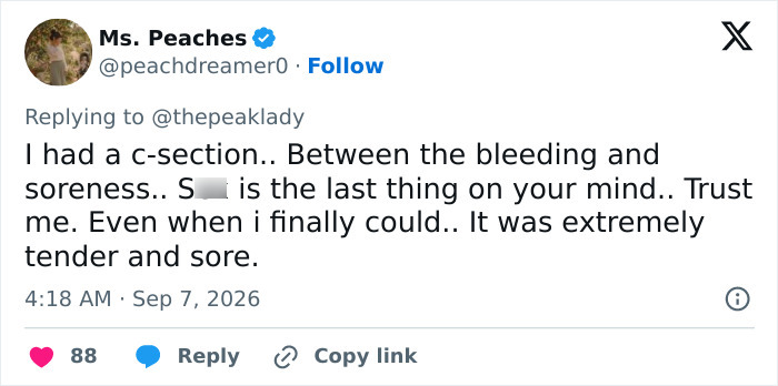 A tweet by Ms. Peaches discussing the painful reality of C-section recovery and dangerous practices after recent childbirth. A tweet by Ms. Peaches discussing the painful reality of C-section recovery and dangerous practices after recent childbirth.