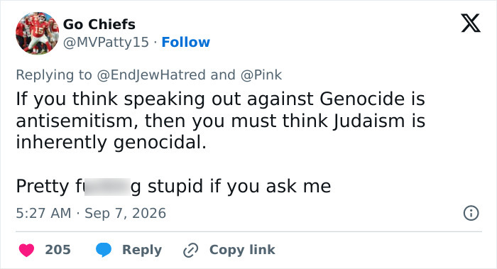 Pink addresses criticism after controversial posts. A tweet regarding speaking out against antisemitism and genocide. Pink addresses criticism after controversial posts. A tweet regarding speaking out against antisemitism and genocide.