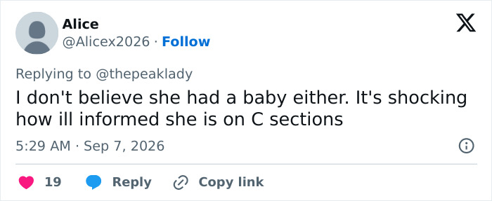A tweet by Alice replying to Mattie Watkins, commenting on dangerous practices after recent childbirth and C-sections. A tweet by Alice replying to Mattie Watkins, commenting on dangerous practices after recent childbirth and C-sections.
