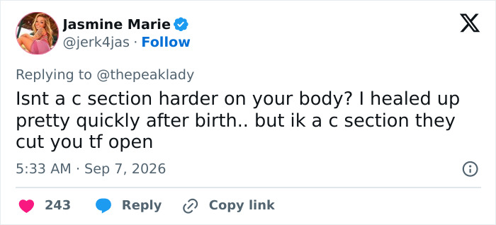 Screenshot of a tweet from Jasmine Marie asking about c-section recovery difficulty after recent childbirth. Screenshot of a tweet from Jasmine Marie asking about c-section recovery difficulty after recent childbirth.