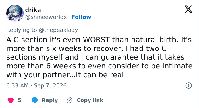 A social media user comments on Bonnie Blue's video, discussing C-section recovery after recent childbirth. A social media user comments on Bonnie Blue's video, discussing C-section recovery after recent childbirth.
