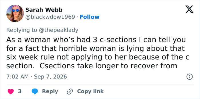 Screenshot of a tweet from Sarah Webb discussing recovery after childbirth and c-sections, criticizing Bonnie Blue. Screenshot of a tweet from Sarah Webb discussing recovery after childbirth and c-sections, criticizing Bonnie Blue.