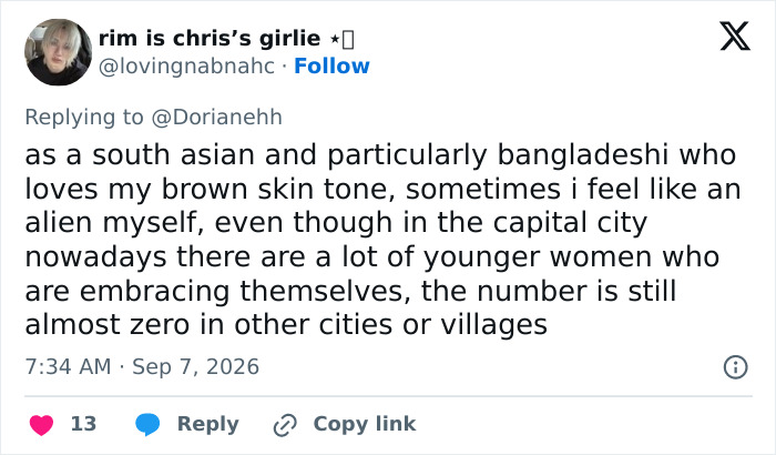 A tweet by a South Asian woman discussing skin tone, wedding day transformation backlash, and cultural implications. A tweet by a South Asian woman discussing skin tone, wedding day transformation backlash, and cultural implications.