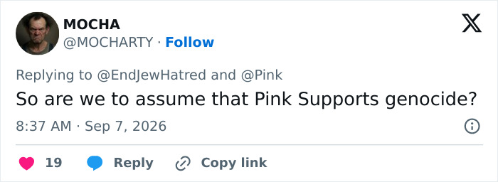 Pink addresses criticism, losing fan support. A tweet questioning Pink's stance on genocide. Pink addresses criticism, losing fan support. A tweet questioning Pink's stance on genocide.