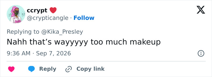 A tweet commenting on a wedding day transformation, stating the makeup is too much. A tweet commenting on a wedding day transformation, stating the makeup is too much.