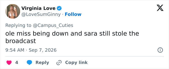 A tweet stating that an attractive woman named Sara stole the broadcast despite the game's score.