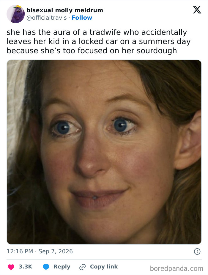 Theranos fraud memes: Close-up of a woman with wide, innocent-looking eyes and a peculiar smile.