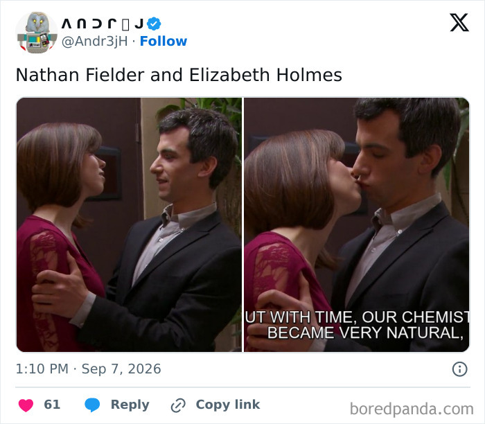 A split image meme showing Nathan Fielder and Elizabeth Holmes, as part of savage memes about Theranos fraud.