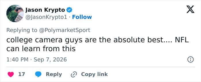 Screenshot of a tweet by Jason Krypto praising college camera guys, linking to the attractive woman spotted in football stands.