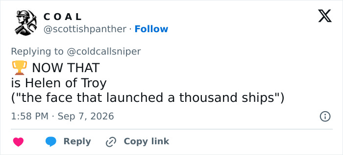 A tweet praising an attractive woman spotted in football stands, comparing her to Helen of Troy, calling her most impressive girl.