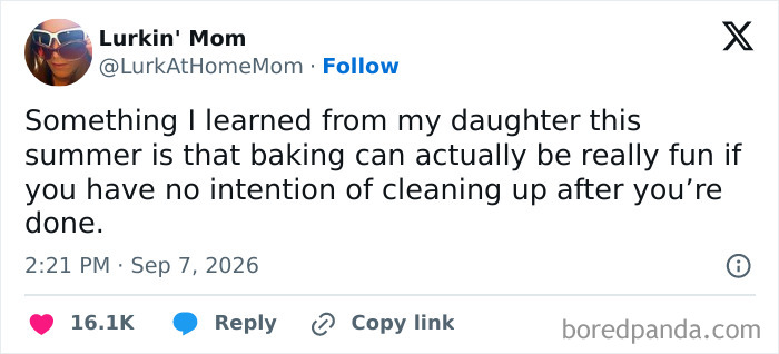 A post where parents vented on social media about how fun baking is when you do not clean up.