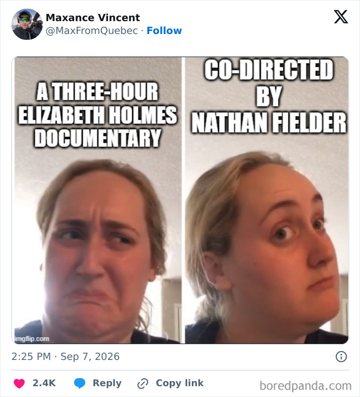 A split meme comparing reactions to an Elizabeth Holmes documentary and one co-directed by Nathan Fielder, related to Theranos fraud.