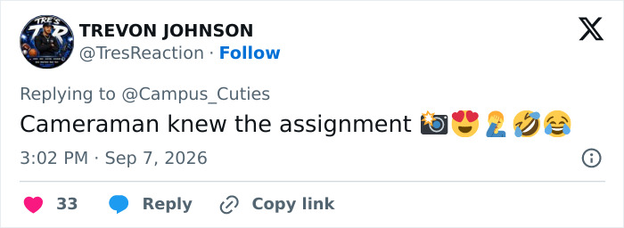 A tweet with emojis, appreciating a cameraman's skill in capturing the attractive woman in football stands.