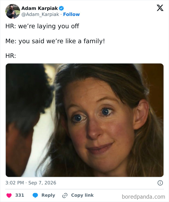 Theranos fraud memes: A tweet about HR and family, featuring a woman with a strange, knowing smile.