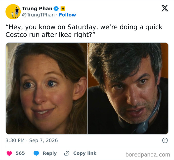 A Theranos fraud meme featuring a man and woman's expressions, with text about a Costco and Ikea run.