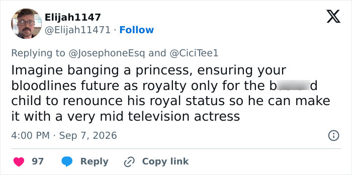 A tweet by Elijah1147 expressing disbelief over a royal child renouncing status, linking to Prince Harry's paternity. A tweet by Elijah1147 expressing disbelief over a royal child renouncing status, linking to Prince Harry's paternity.