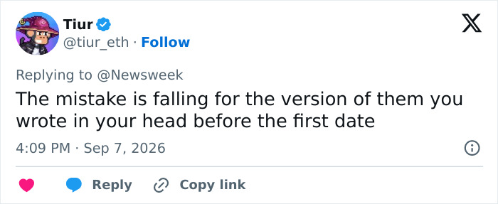 Social media post highlighting a common dating mistake of idealizing someone before meeting. Social media post highlighting a common dating mistake of idealizing someone before meeting.