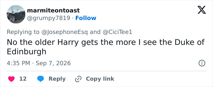 Screenshot of a social media comment noting Prince Harry's resemblance to the Duke of Edinburgh, questioning paternity and a DNA test. Screenshot of a social media comment noting Prince Harry's resemblance to the Duke of Edinburgh, questioning paternity and a DNA test.