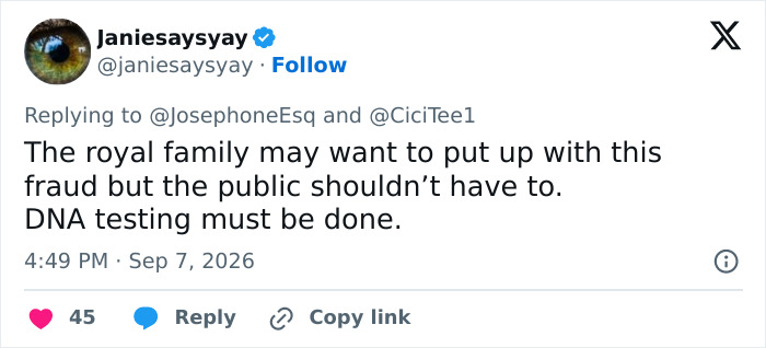 A tweet from @janiesaysyay states, DNA test needs to be done on Prince Harry, mentioning royal family and fraud. A tweet from @janiesaysyay states, DNA test needs to be done on Prince Harry, mentioning royal family and fraud.