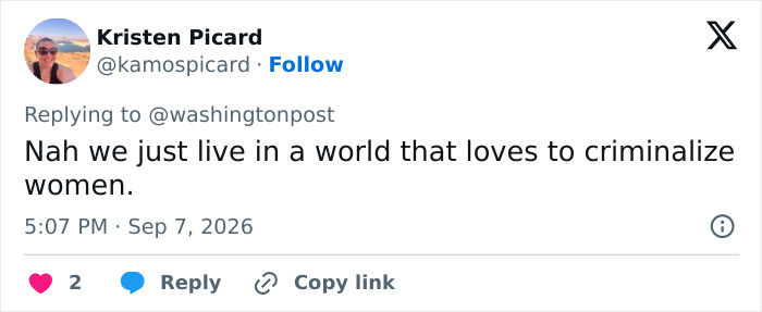Tweet about a mom's naive act with her 5-year-old son getting her sentenced, highlighting the criminalization of women. Tweet about a mom's naive act with her 5-year-old son getting her sentenced, highlighting the criminalization of women.