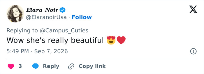 A social media post with a heart emoji, calling an attractive woman really beautiful.