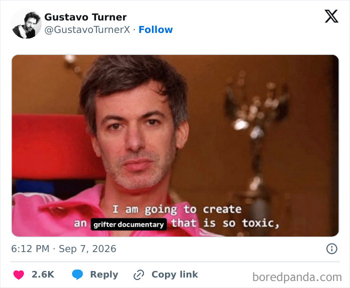 A meme featuring a man with text about creating a grifter documentary, related to Theranos fraud and memes.
