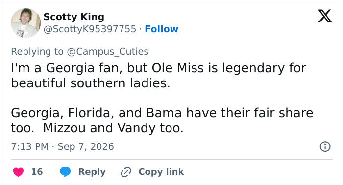 Screenshot of a tweet by Scotty King praising beautiful southern ladies, related to the attractive woman viral in football stands.
