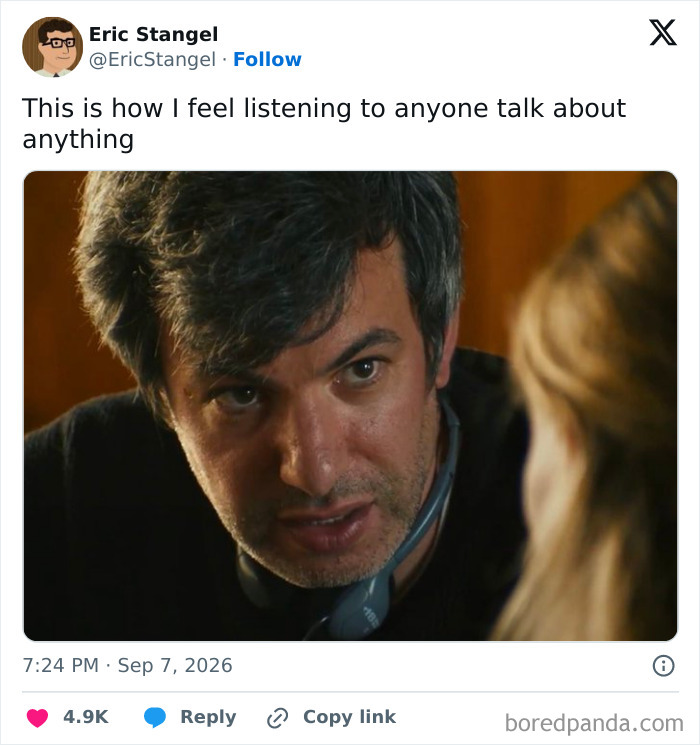 Theranos fraud memes: A tweet expressing a feeling while listening, featuring a man with a serious, slightly annoyed expression.