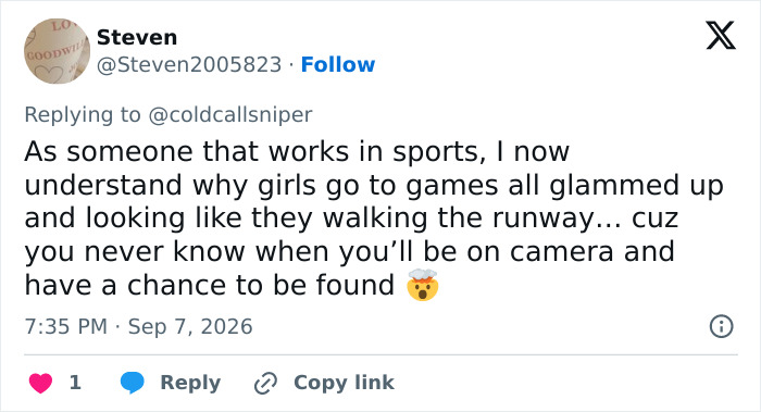 A tweet by a sports worker discussing why attractive women dress up for football games, hoping to go viral.