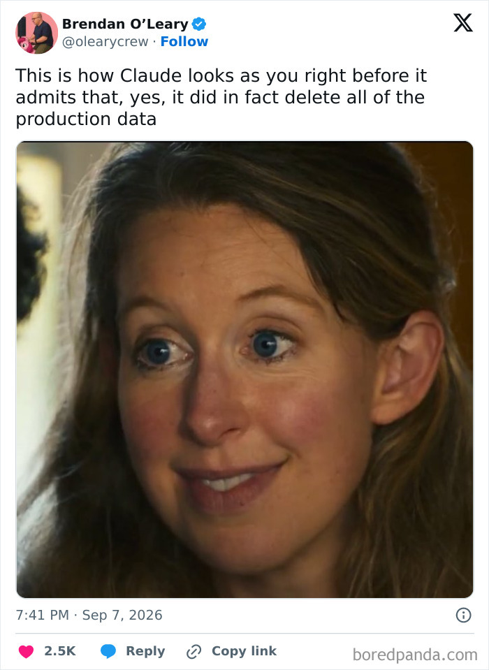 A close-up of a woman with wide eyes and a slight smile. This image is part of the Theranos fraud memes collection.