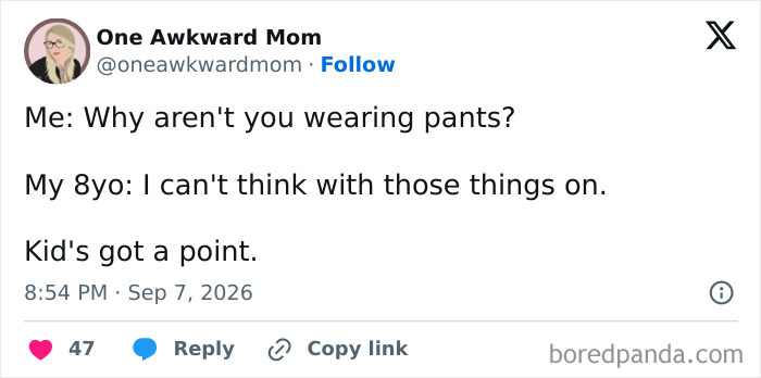 Humorous social media post of parents venting about their child refusing to wear pants.
