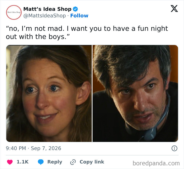 A tweet by Matts Idea Shop with a split image of a woman and a man, implying a meme related to Theranos fraud.