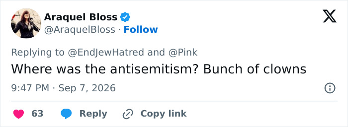 A social media post from Araquel Bloss commenting on antisemitism, relevant to Pink's controversial posts. A social media post from Araquel Bloss commenting on antisemitism, relevant to Pink's controversial posts.