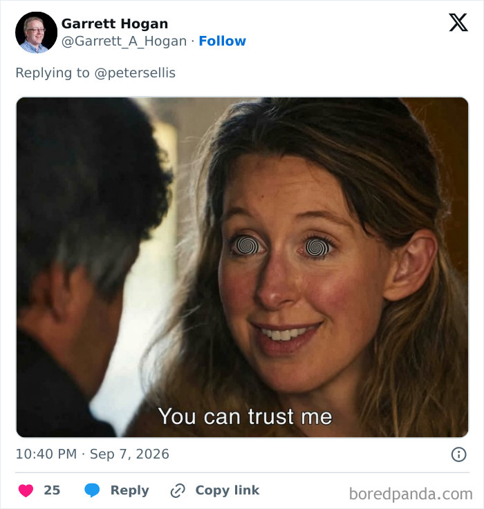 A Theranos fraud meme showing a woman with hypnotic eyes saying You can trust me.