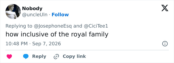 A tweet by Nobody remarking on the inclusivity of the royal family, hinting at Prince Harry's paternity. A tweet by Nobody remarking on the inclusivity of the royal family, hinting at Prince Harry's paternity.