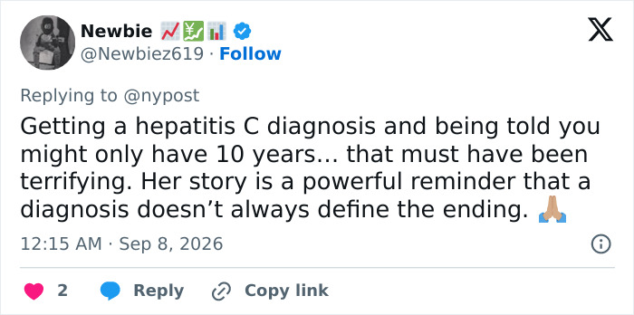 A tweet discussing a hepatitis C diagnosis and Pamela Anderson's harrowing health battle. A tweet discussing a hepatitis C diagnosis and Pamela Anderson's harrowing health battle.