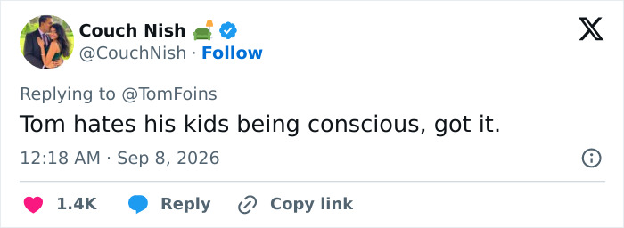 A tweet from Couch Nish humorously suggesting Tom hates his kids being conscious, part of the nursery debate.
