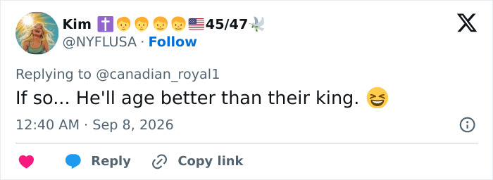 A tweet from Kim @NYFLUSA comments on Prince Harry's paternity, saying he will age better than their king. A tweet from Kim @NYFLUSA comments on Prince Harry's paternity, saying he will age better than their king.