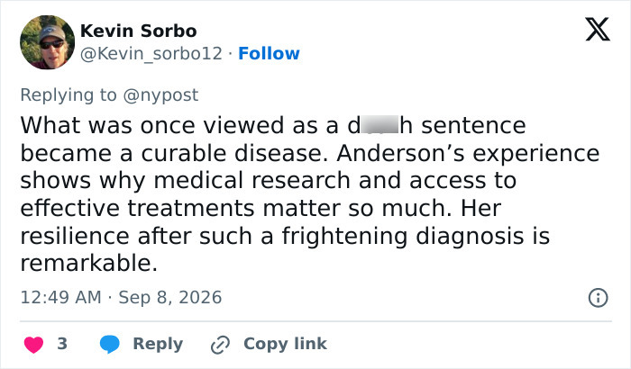 A social media post by Kevin Sorbo about Pamela Anderson's health battle and medical research. A social media post by Kevin Sorbo about Pamela Anderson's health battle and medical research.