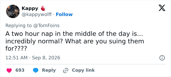 A tweet from Kappy responding to a dad's complaint, debating if a two-hour nap is normal at a nursery.