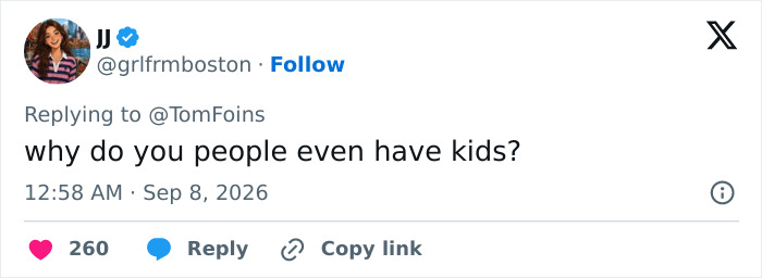 A tweet from JJ questioning why people have kids, contributing to the unexpected debate after a dad's nursery complaint.