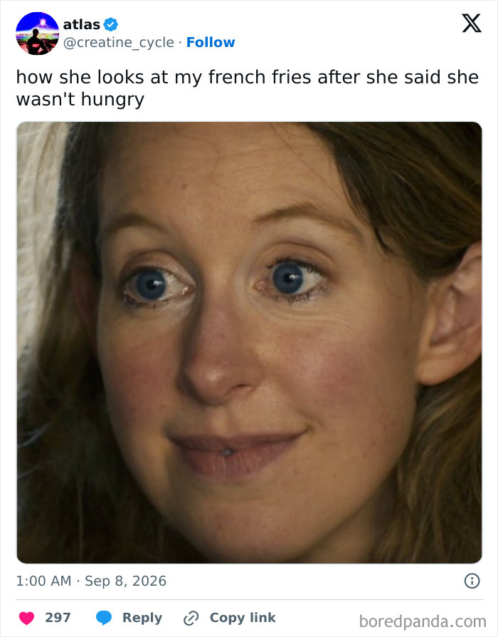 A close-up of a woman's face with wide eyes, part of a meme about Theranos fraud.