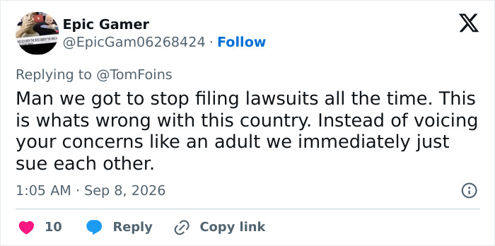 Screenshot of a tweet from Epic Gamer about filing lawsuits, part of the nursery debate.